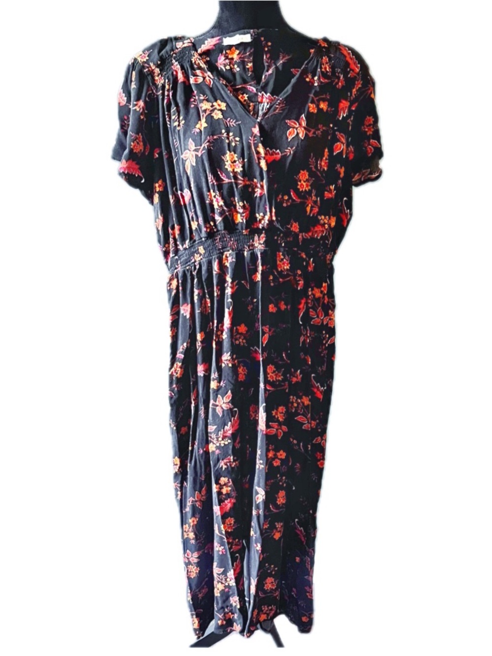 MAURICES Sz XL Black Autumn Floral Jumpsuit  Wide Leg Flutter Sleeves V-neck